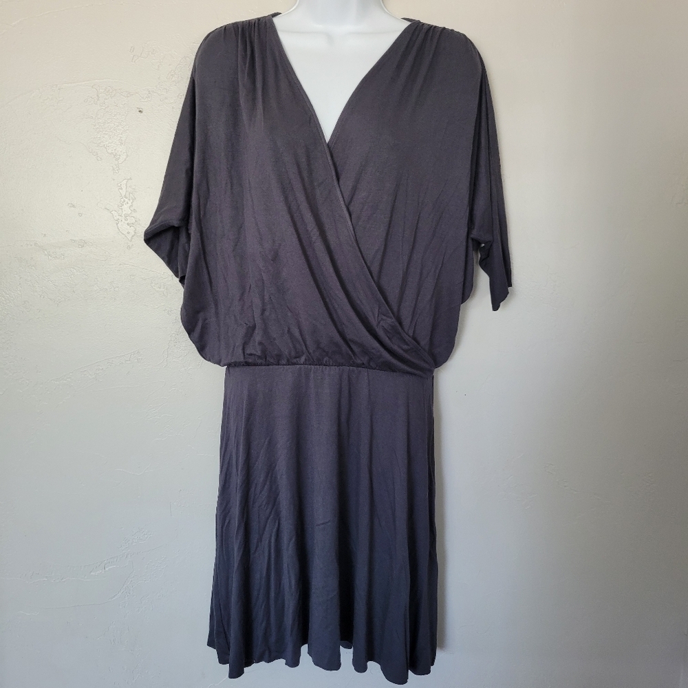 Three Dots Women's Medium Charcoal Grey Dolman Midi Dress Drop Waist Comfy Vneck